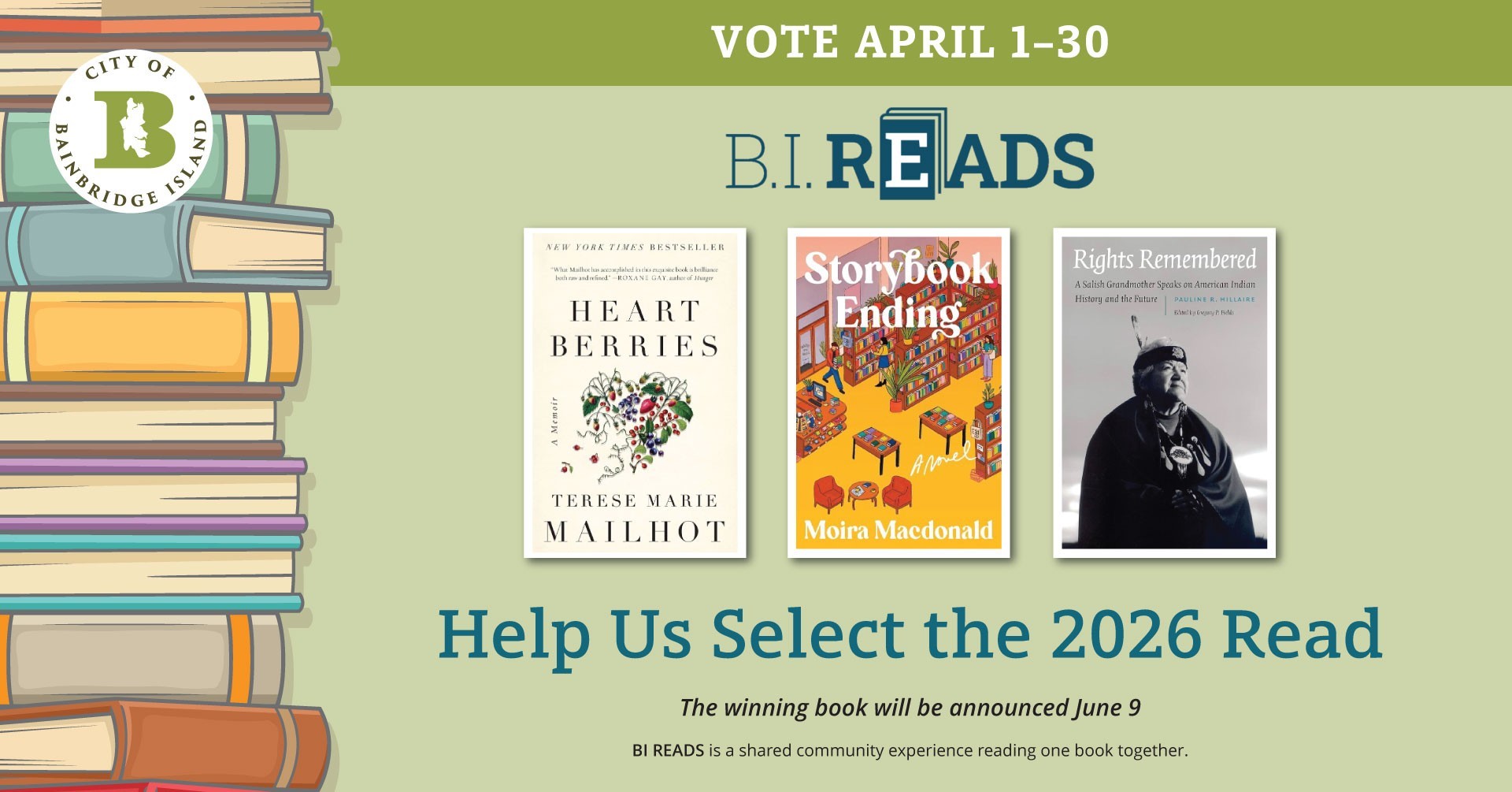 B.I. Reads 2026 voting graphic (April 1–30) featuring three book options and announcement June 9